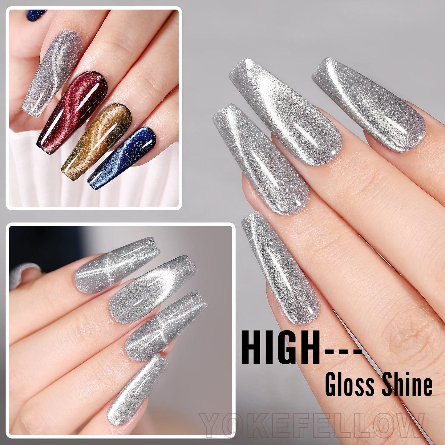 Esmalte de uñas en gel YOKEFELLOW Cat Eye de 10 ml, esmalte de uñas magnético plateado, esmalte de uñas en gel profesional para manicura DIY.