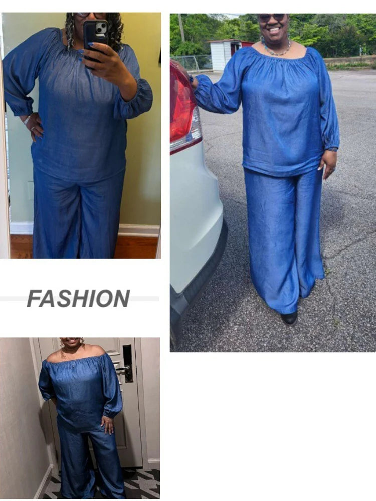 2piece Wide Legs Fake Jeans Suits for Women Plus Size Spring Outfits Off Shoulder Top and Pants Sets Wholesale Dropshipping
