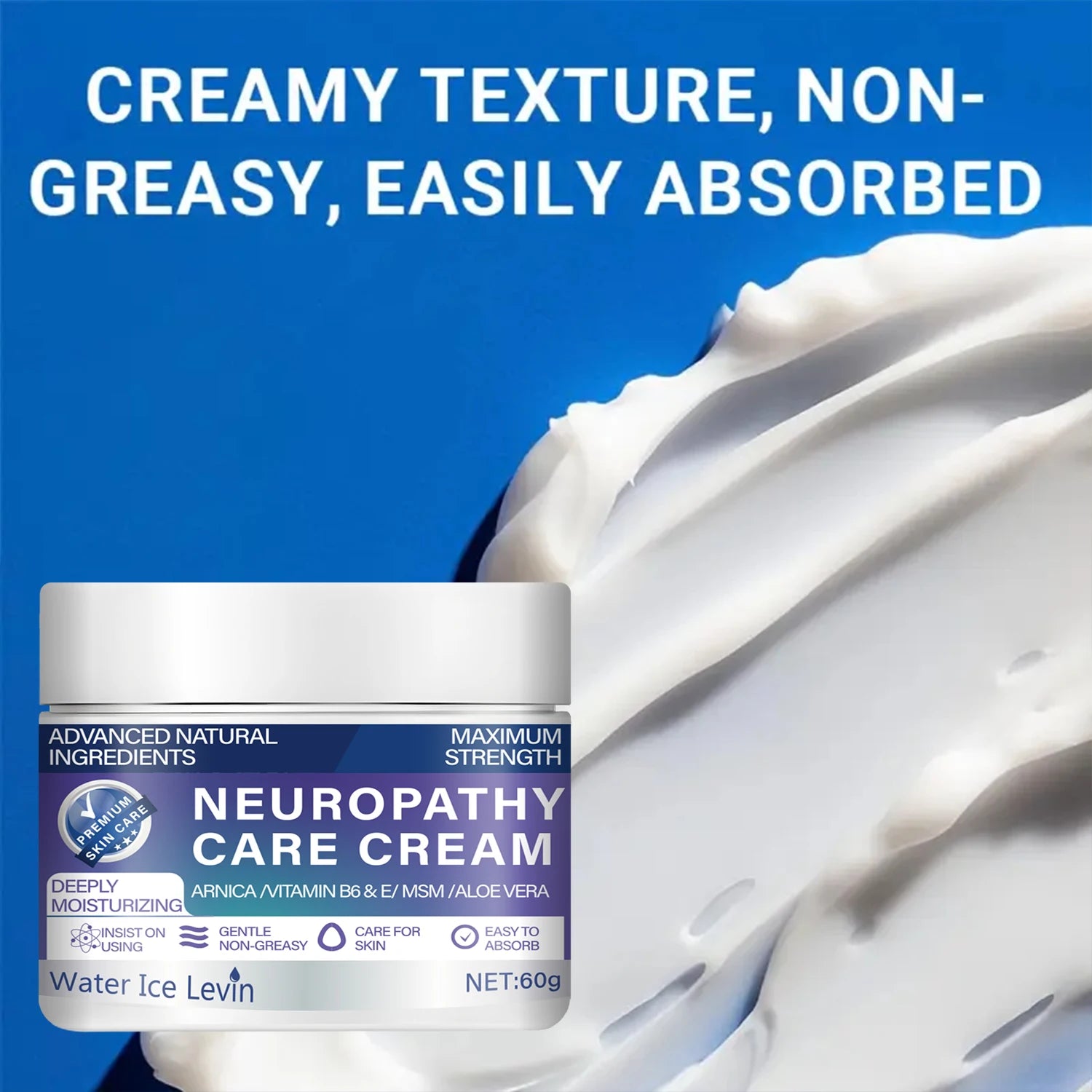 Water Ice Levin Maximum Strength Neuropathy Cream - with Natural Ingredients (Arnica, Msm, Aloe) for Intensive 72-Hour Hydration