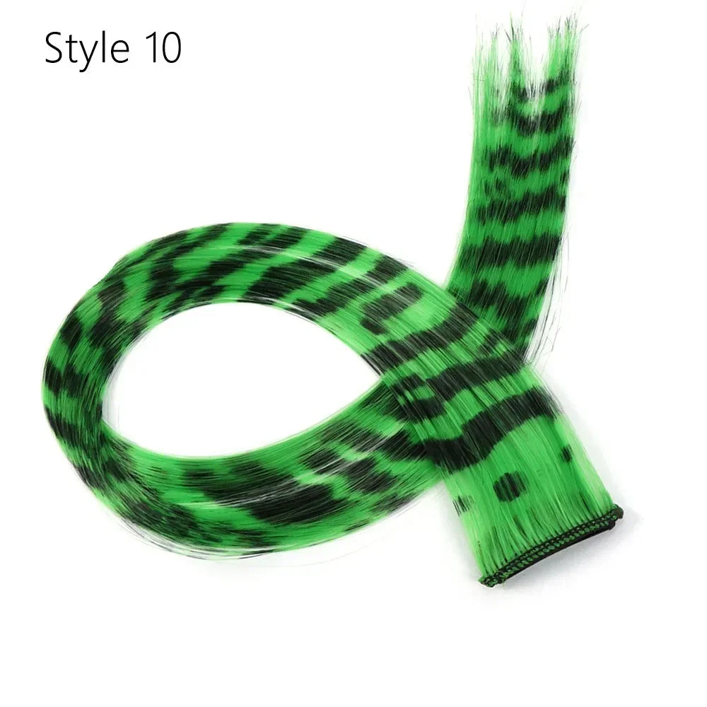 New Stripe Printed Clip-in Hair Extensions Synthetic Straight Hair Highlights Colorful 18 Inch Wig Hairpieces for Girls