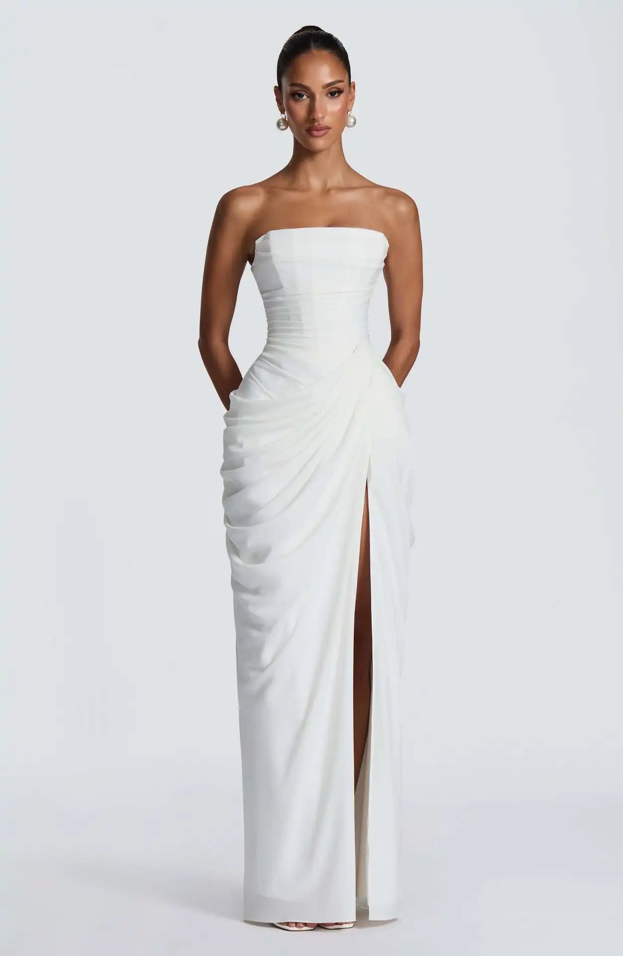 Sexy Solid Pleated Strapless Dress Lady Chic Off-shoulder Backless High Waist Split Dresses Women 2026 New Evening Party Gown
