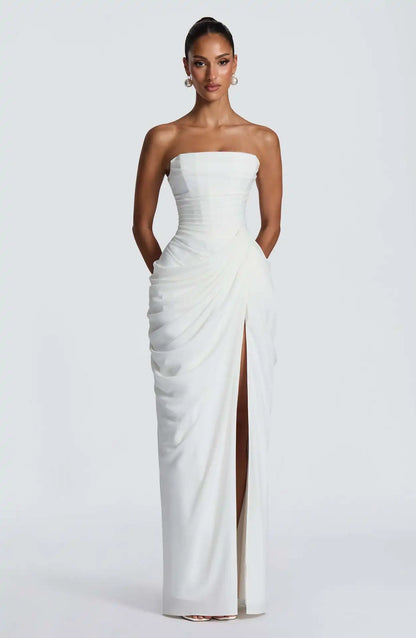 Sexy Solid Pleated Strapless Dress Lady Chic Off-shoulder Backless High Waist Split Dresses Women 2026 New Evening Party Gown