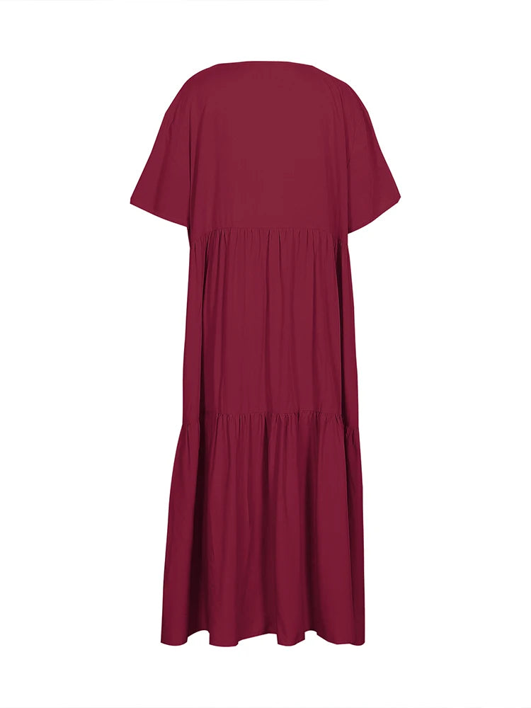 Plus Size 2025 Summer New V-neck Short Sleeve Pleated Solid Colour Loose Casual Midi Dress Basic Hem Pleated