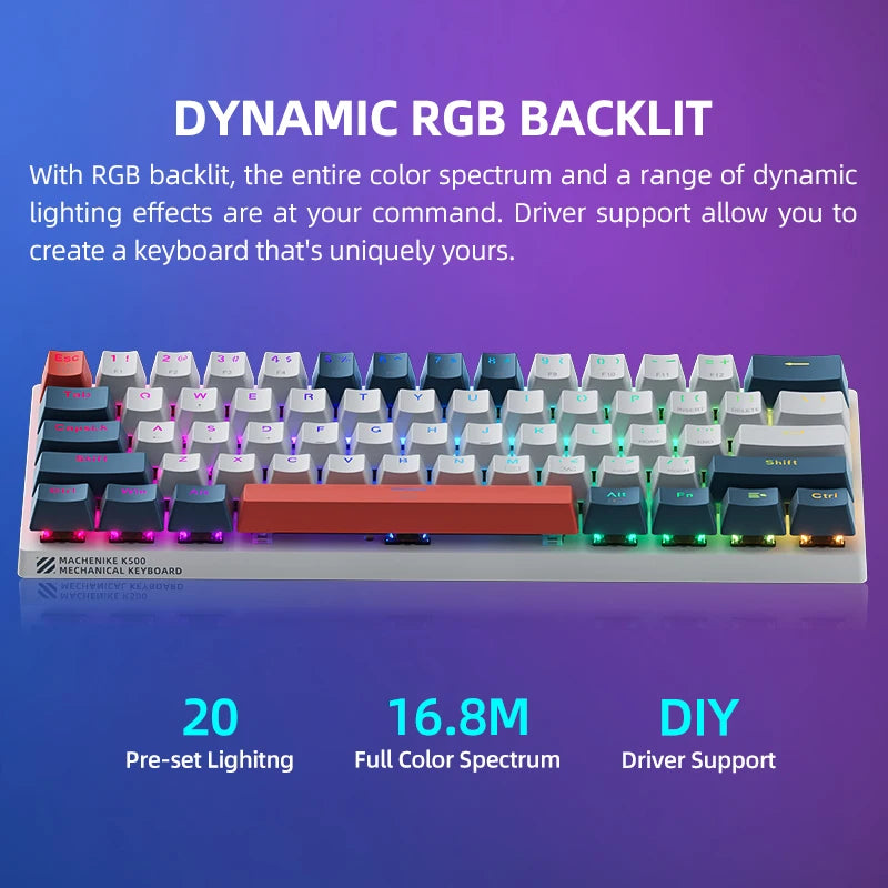 Mini teclado mecánico Machenike K500-B61 con factor de forma del 60%, 61 teclas, teclado para juegos con cable, teclas completas, retroiluminación RGB intercambiable en caliente