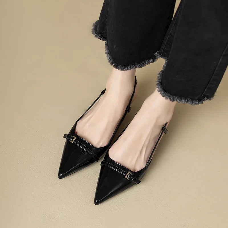 2024 New Summer French Wine Red Pointed Patent Leather Mid-Heel Overhead Sandals for Women Retro Skinny Heel Open-Back Shoes