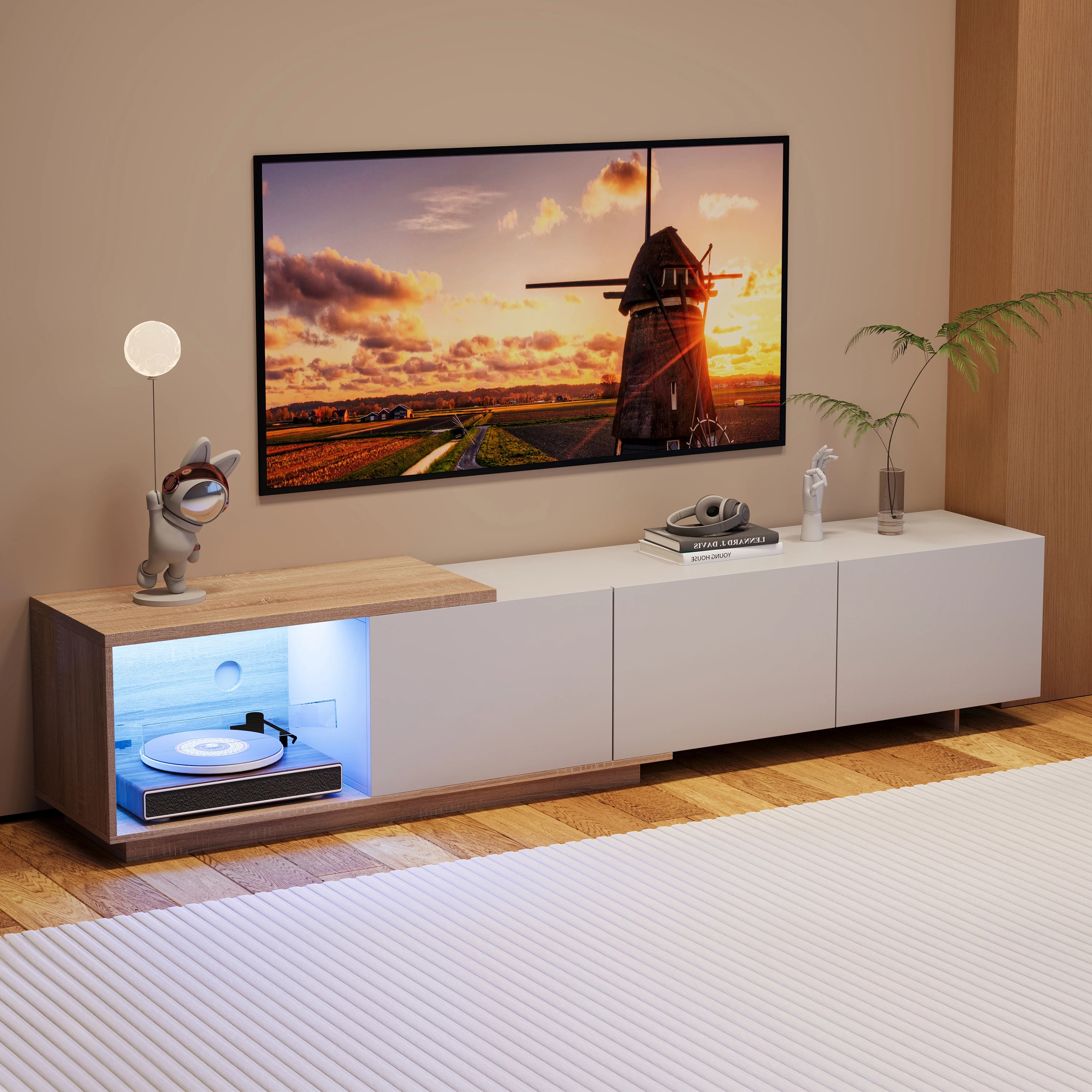 Comanlai 240cm Modern TV Cabinet with LED Lights  Living Room TV Cabinet with 3 Drawers and Open Storageextendable TV Stands
