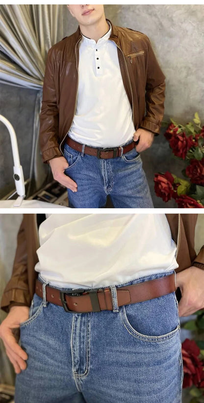 Cinturón casual vintage Maikun para hombre, con hebilla de pasador negra, de cuero ancho y versátil para estudiantes.