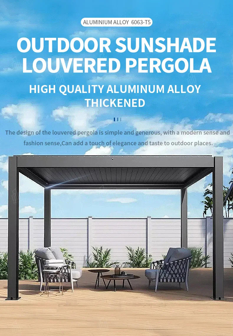 Sistema de toldo de techo de pérgola de vidrio retráctil de aluminio con apertura motorizada y cubierta eléctrica ajustable para terraza. Techo de pérgola para exteriores.