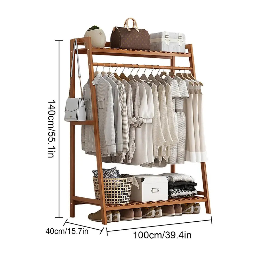 Wooden Garment Coat Clothes Hanging Heavy Duty Rack with top shelf and 2-tier Shoe Clothing Storage Organizer Shelves