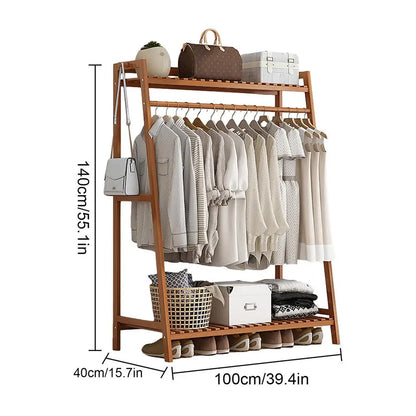 Wooden Garment Coat Clothes Hanging Heavy Duty Rack with top shelf and 2-tier Shoe Clothing Storage Organizer Shelves