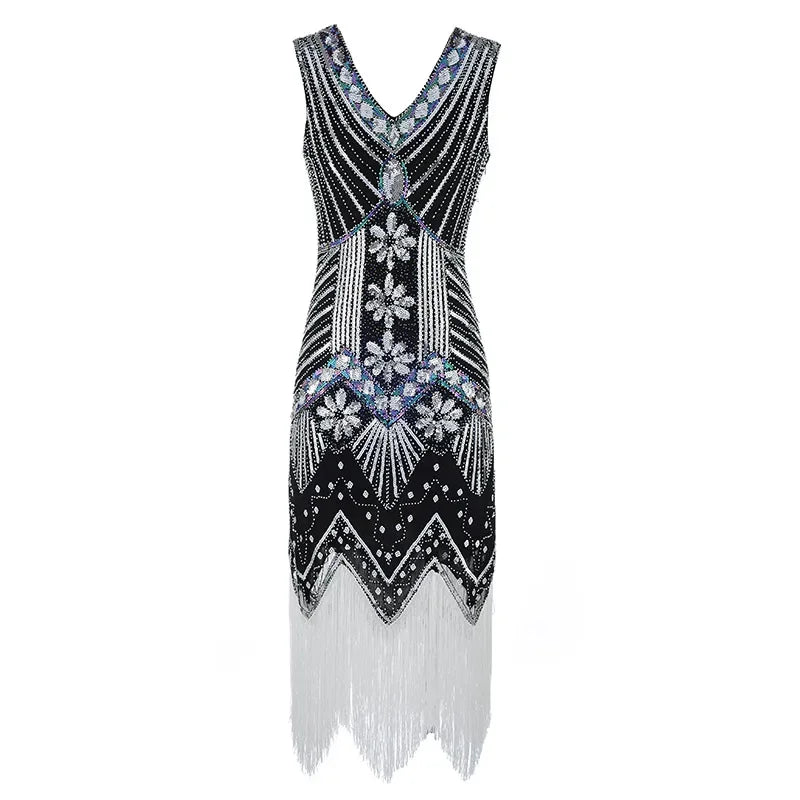 Vestido vintage Mandylandy para mujer, estilo retro de los años 20, estilo Gran Gatsby, con lentejuelas, sin mangas, para fiesta de baile, graduación y dobladillo con borlas.