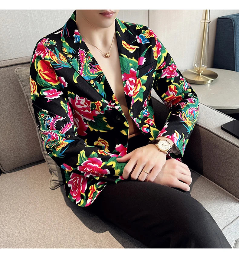 Men Suit 2 Piece Fashion Party Mens Vintage Print Big flower in northeast China Suits Jacket Pants Men Sets