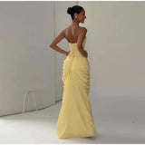 Sexy Solid Pleated Strapless Dress Lady Chic Off-shoulder Backless High Waist Split Dresses Women 2026 New Evening Party Gown