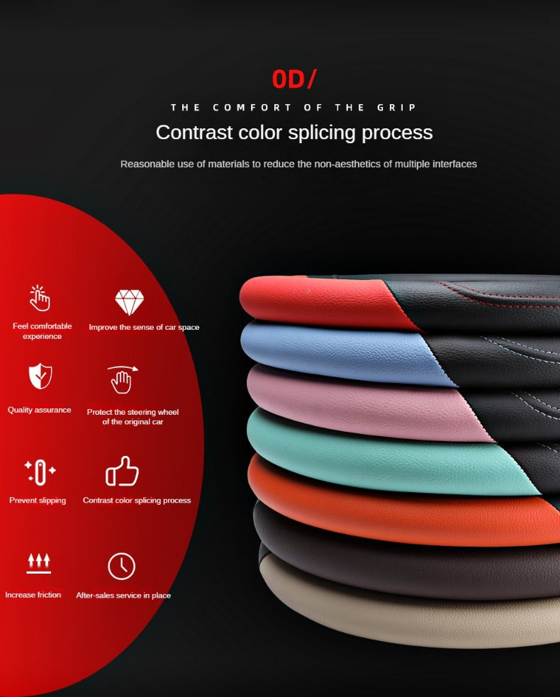 PU Leather Contrast Colour Car Steering Wheel Cover  Sweat Absorbent, Wear Resistant and Non-slip, Universal in All Seasons