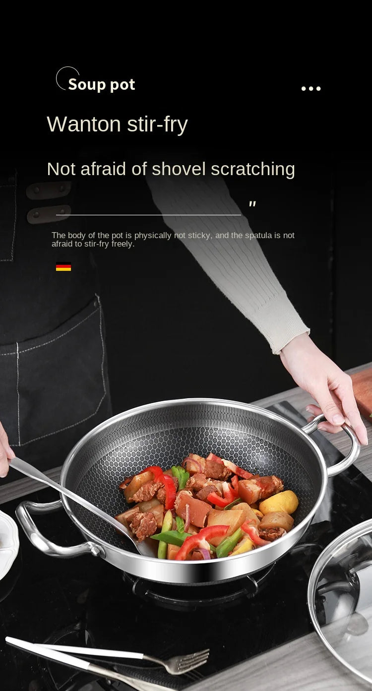 32cm 304 Stainless Steel Frying Pan Food Grade Non Stick Pan Honeycomb Pot Bottom Induction Cooker Gas Stove General Wok