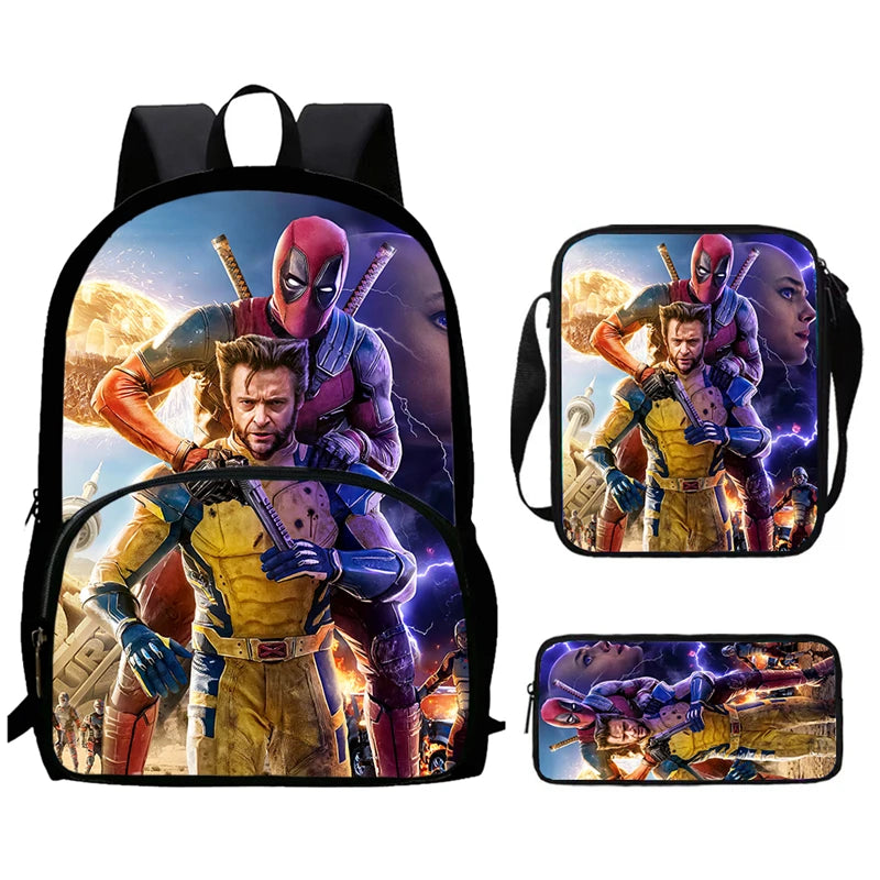 Mochilas para niños de 3 piezas con dibujos animados de DEADPOOL y WOLVERINE, mochila para estudiantes, bolso de hombro, estuche para lápices, regalo perfecto para niños y niñas.