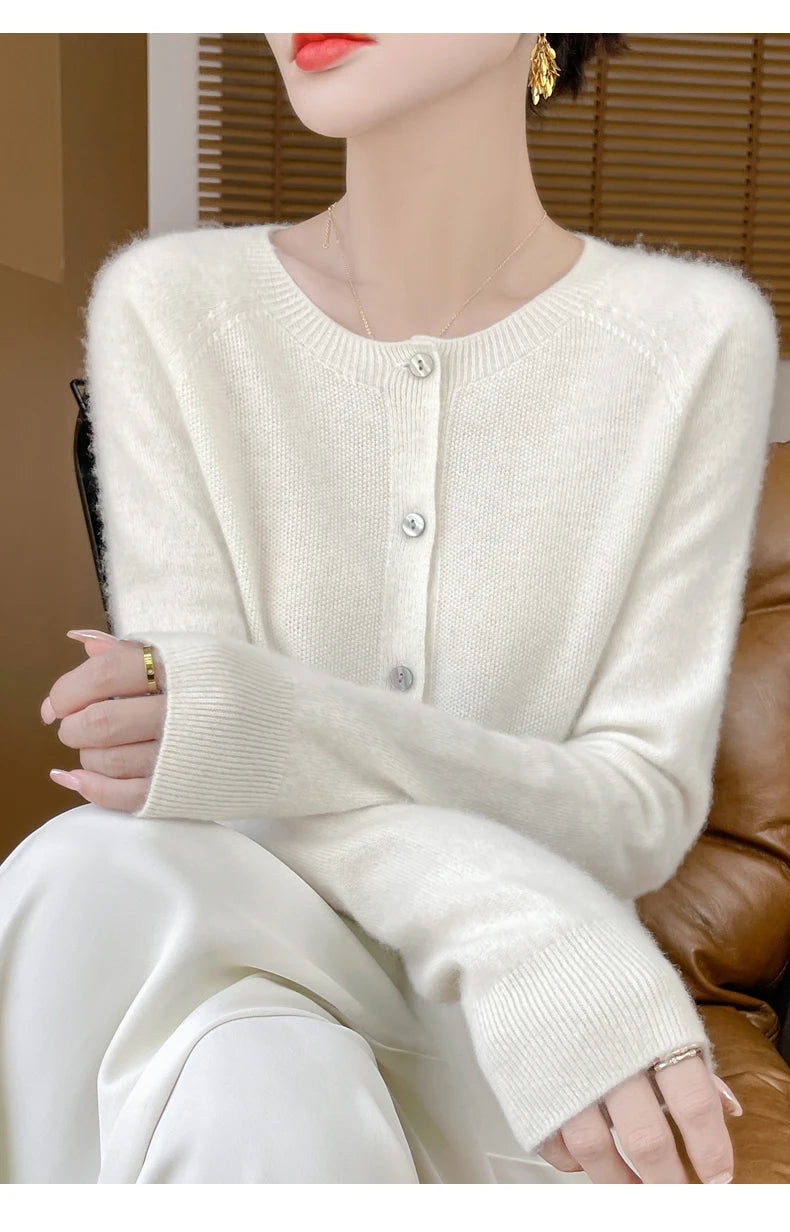 100% Merino Wool Long Sleeve Sweaters Cashmere Cardigan Spring Autumn Women O-Neck Knitwear Tops Clothing Fashion Basic Tops