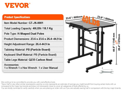 VEVOR-Gas-Spring Height Adjustable Sit-Stand Desk, Writing Desk with 360° Swivel Wheels, Home Office, Rolling Laptop Table, Tiltable, 26.4"-39.9" 