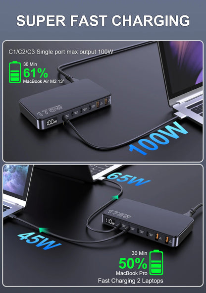 Ueetop 175W GaN USB C Charger LED Display 6-Port Desktop Charger Type C PD 100W PPS 45W Fast Charging for MacBook Samsung iPhone