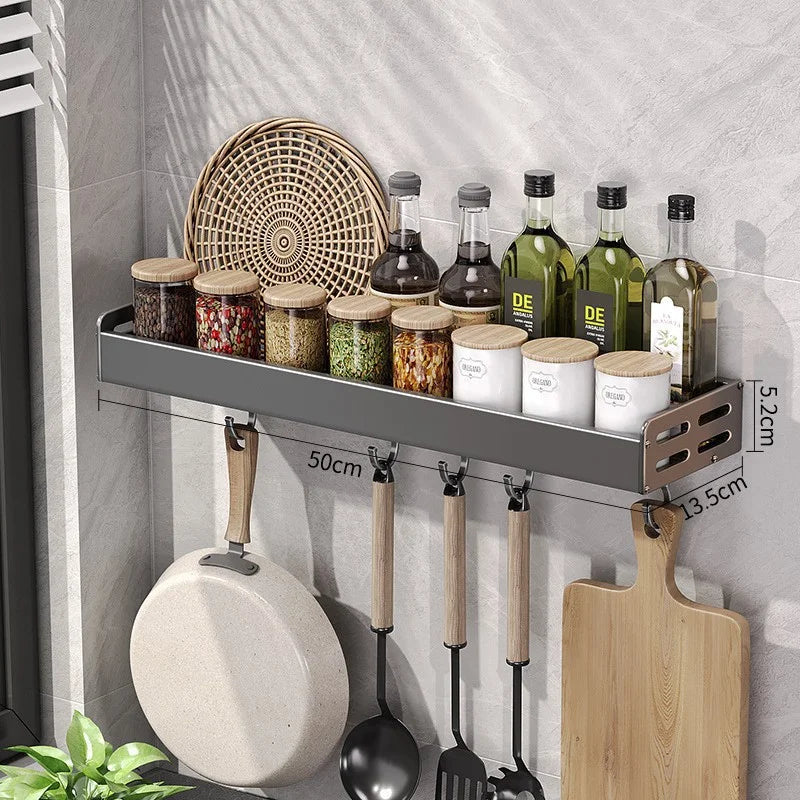 Gunmetal Space Aluminum Kitchen Storage Rack - No-Drill Wall Mounted Multi-Functional Organizer for Spice Jars and Knives