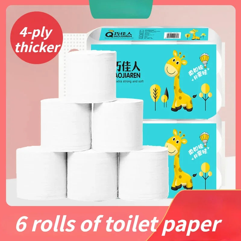6 rollos de papel higiénico blanco de pulpa de madera virgen, 5 capas, suave, cómodo, sin núcleo, desechable.