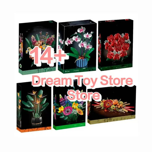 Creative 8 bouquets of eternal flowers, roses, orchids, succulents, building blocks, bonsai toys, gifts for girls and children