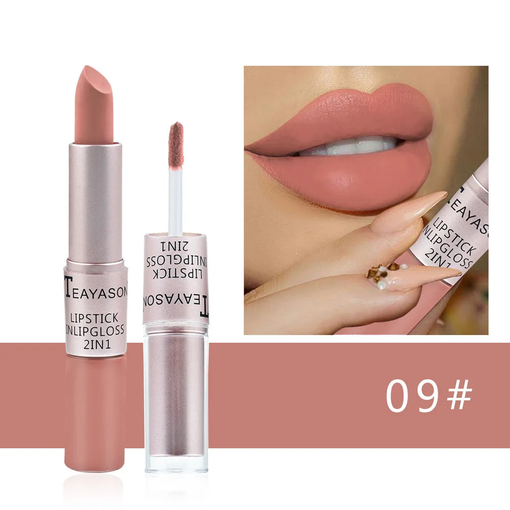 Lápiz labial mate aterciopelado de larga duración, brillo labial de doble cabezal, taza antiadherente, brillo labial, tinte voluminizador, lápiz labial resistente al agua, maquillaje