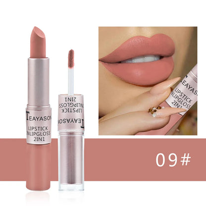 Lápiz labial mate aterciopelado de larga duración, brillo labial de doble cabezal, taza antiadherente, brillo labial, tinte voluminizador, lápiz labial resistente al agua, maquillaje