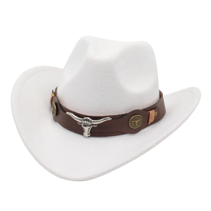Classic Cattleman Cowboy Hat Retro Bull Head Studded Leather Band Felt Hat Unisex Western Party Cosplay Hat Wide Brim Fedora