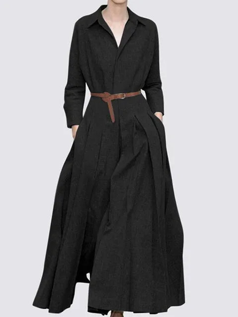 L-5XL 2022 novo vestido de cor sólida lapela casual primavera outono sem cinto solto plus size vestido de linho coa vestidos de festa