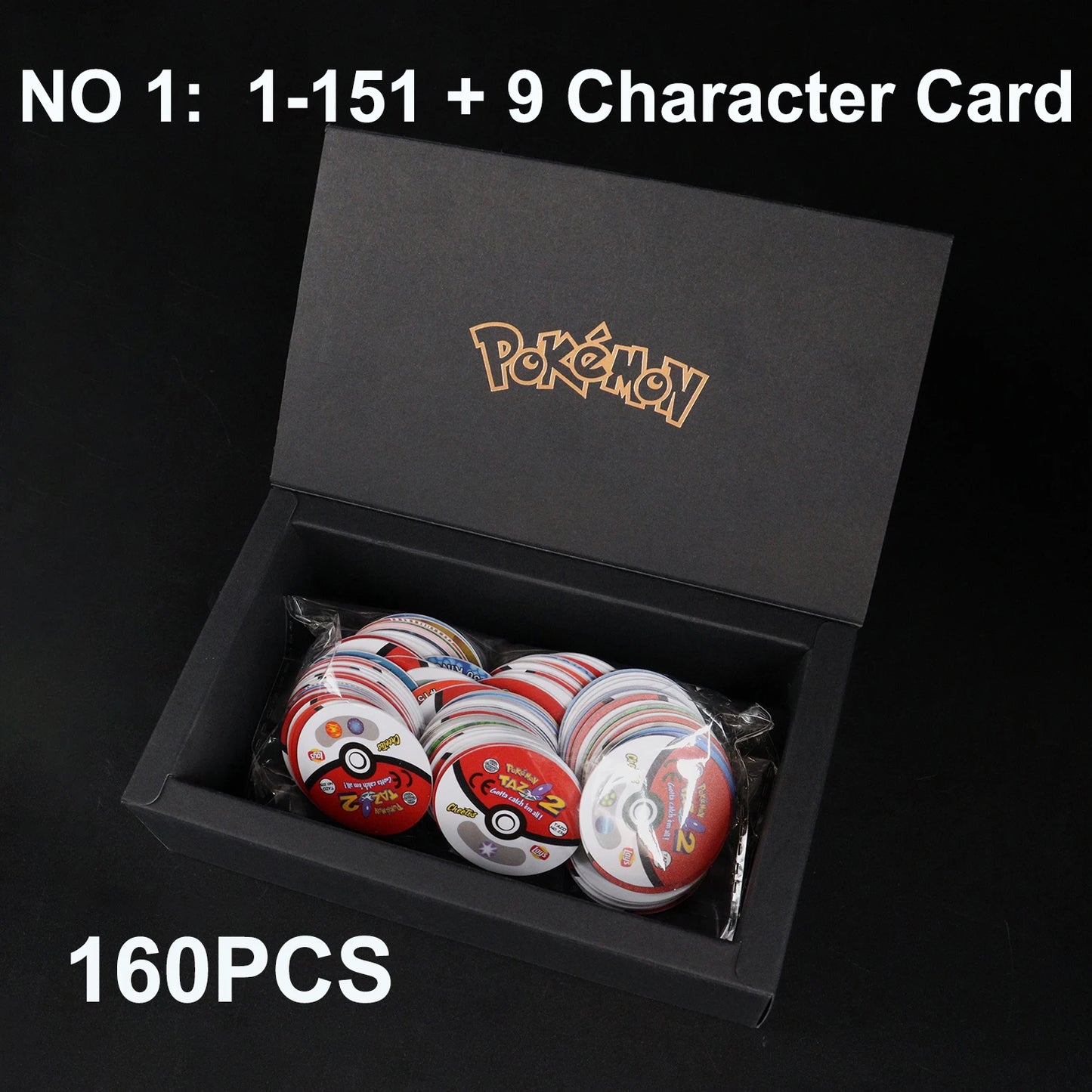 Caja de 100/160 tazos de Pokémon de 1.ª y 2.ª generación, colección de cartas redondas y cuadradas 3D, álbum de entrenadores, Pogs, Cheetos, Chipitaps