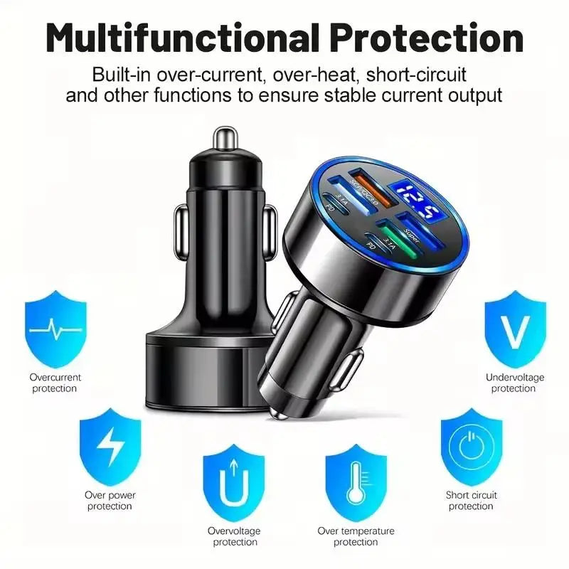 300W PD Car Charger 6 Ports Fast Charging QC3.0 USB C Car Phone Charger Type C Adapter Dual PD Super Fast with Digital Display