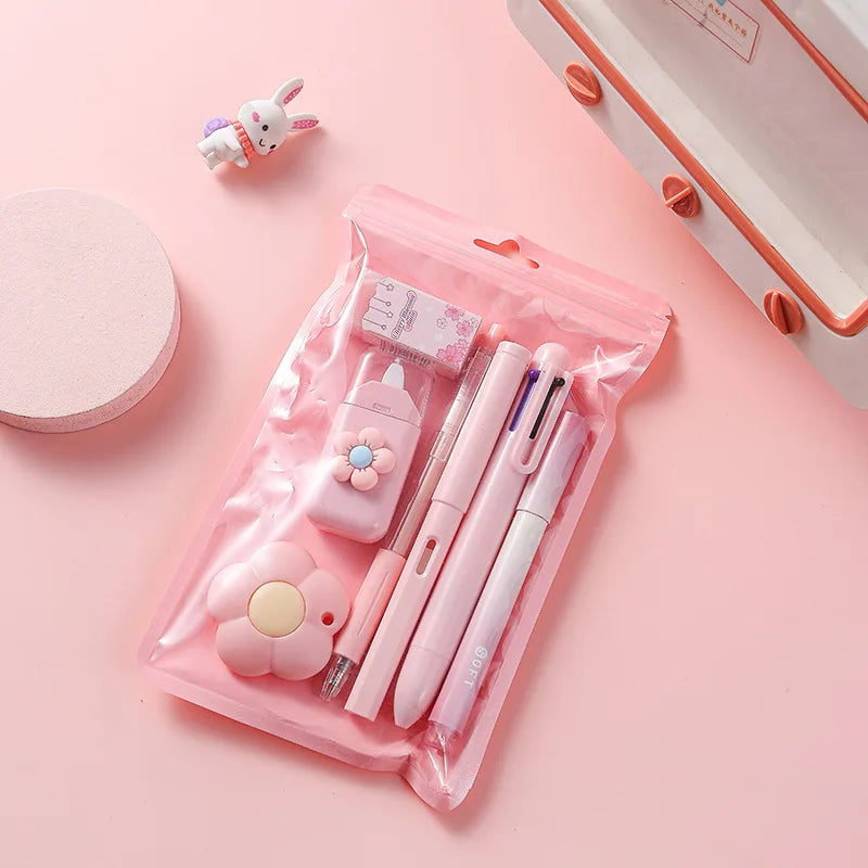 7-in-1 Stationery Set for Children: Back-to-School Gel Pen, Highlighter, Ballpoint Pen, Eternal Pencil, Tape, Eraser, Knife – Kids' Prize