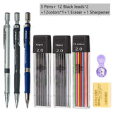 Mechanical Pencil Set 2.0 mm with 2B Black/Colors Lead Refill For Writing Sketching Art Drawing Painting School Automatic Pencil