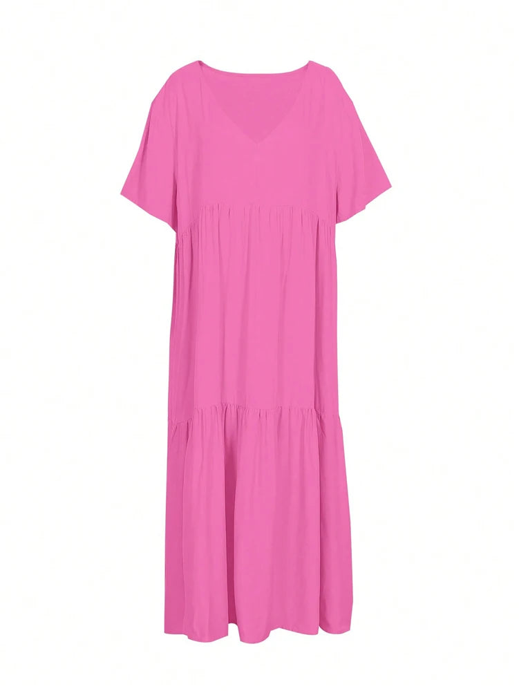 Plus Size 2025 Summer New V-neck Short Sleeve Pleated Solid Colour Loose Casual Midi Dress Basic Hem Pleated