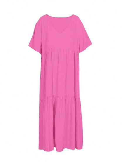 Plus Size 2025 Summer New V-neck Short Sleeve Pleated Solid Colour Loose Casual Midi Dress Basic Hem Pleated