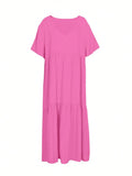 Plus Size 2025 Summer New V-neck Short Sleeve Pleated Solid Colour Loose Casual Midi Dress Basic Hem Pleated