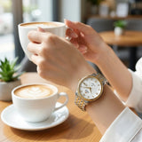 Relógio feminino automático bicolor calendário duplo em aço inoxidável
