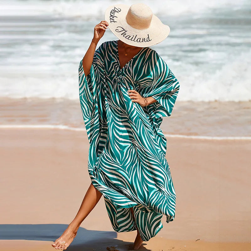 Vestidos caftán de talla grande para mujer, vestido caftán con cuello ondulado, vestido playero largo extragrande. 