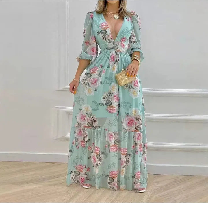 Maxi Dress for Women V-Neck Sleeveless Floral Printed Lantern Sleeve Large Swing Skirt High Waist Loose Dresses 2024 Summer New