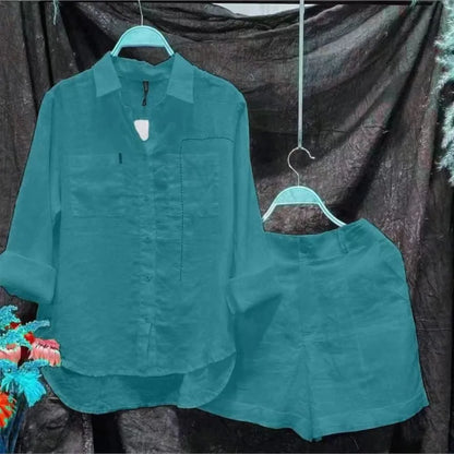 Conjunto informal de dos piezas de lino y algodón para mujer, moda de verano 2024, camisa de manga larga blanca y pantalones cortos, chándal de dos piezas
