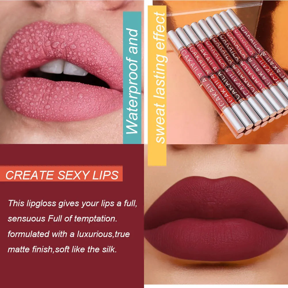 Lápiz labial mate de 18 colores, antiadherente, resistente al agua y con brillo labial.