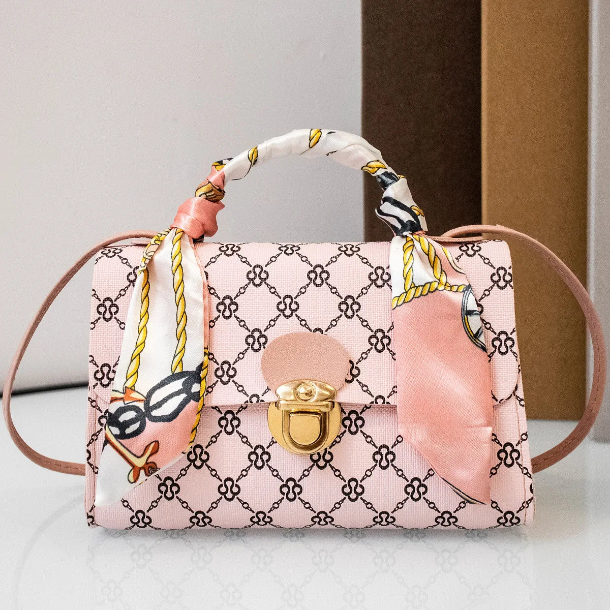 Casual Versatile Floral Print Shoulder Bag Simple Design Silk Scarf Handbag Fresh Sweet Style PVC Material Small Square Bag