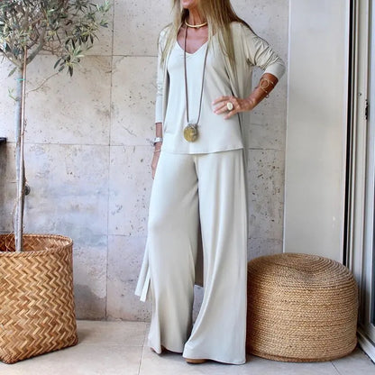 Solid Loose Spring Autumn Casual Three Piece Set Women's Office V-Neck Matching Suit Female Straight Pants Streetwear 3Pc Suit