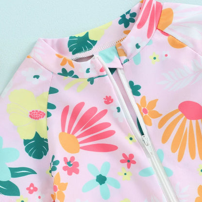 Traje de baño para niñas pequeñas, con protección contra erupciones, con cremallera, manga corta, estampado floral, para bebés
