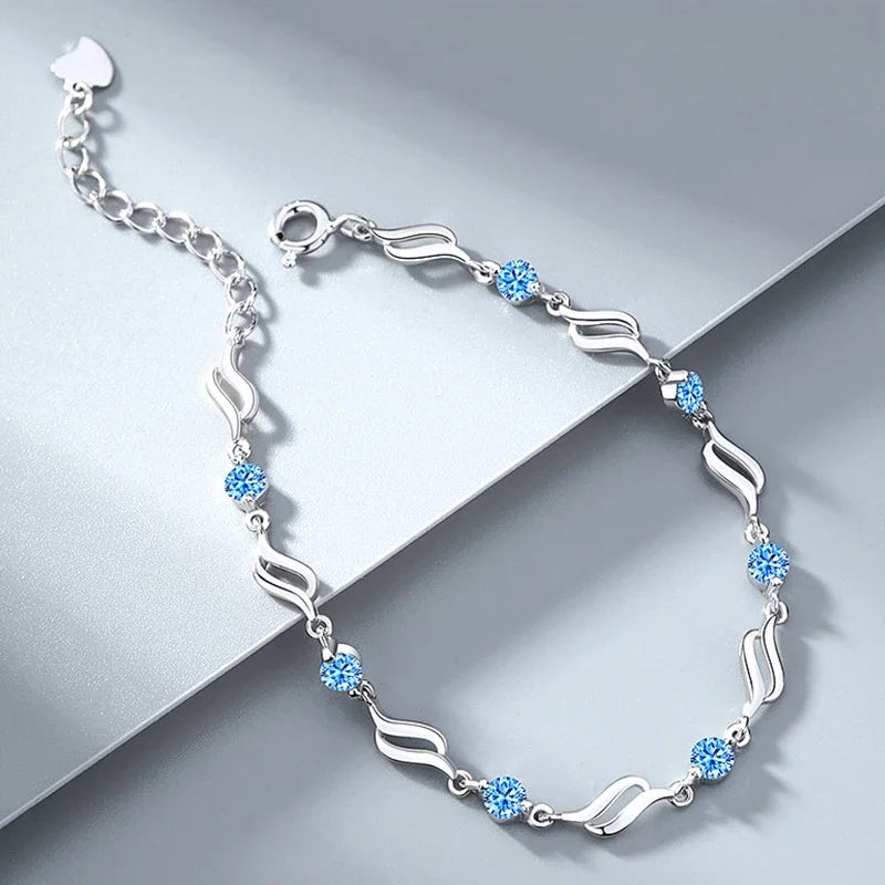 Retro 925 Sterling Silver Pulseiras de Cristal Azul para Mulheres, Designer Coreano, Oco, Pulseiras Ajustáveis, Festa de Luxo Presente Da Jóia