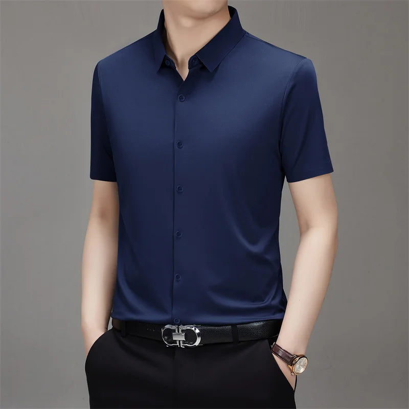 Men's Business Casual Solid Color Short Sleeve Shirt Summer Fashion No Ironing Comfortable Versatile Top for Men