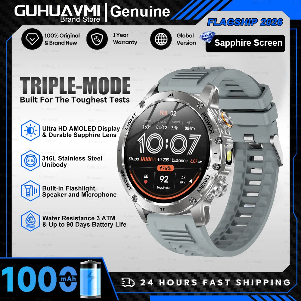 Novo Smartwatch Militar para Atividades ao Ar Livre (Modelo 2026) – Bateria de 1000 mAh de Longa Duração, Monitoramento de Fitness, À Prova d'Água, Estilo Tático e Esportivo
