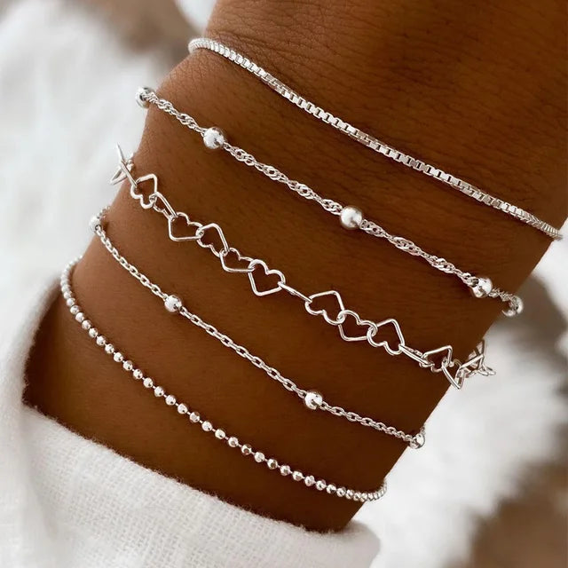 Pulseira Interlocking Corações para Mulheres, Cor Prata, Pulseira Retro, Joalheria Fina, Presente Festa de Casamento, Moda, Novo, 5 peças por conjunto