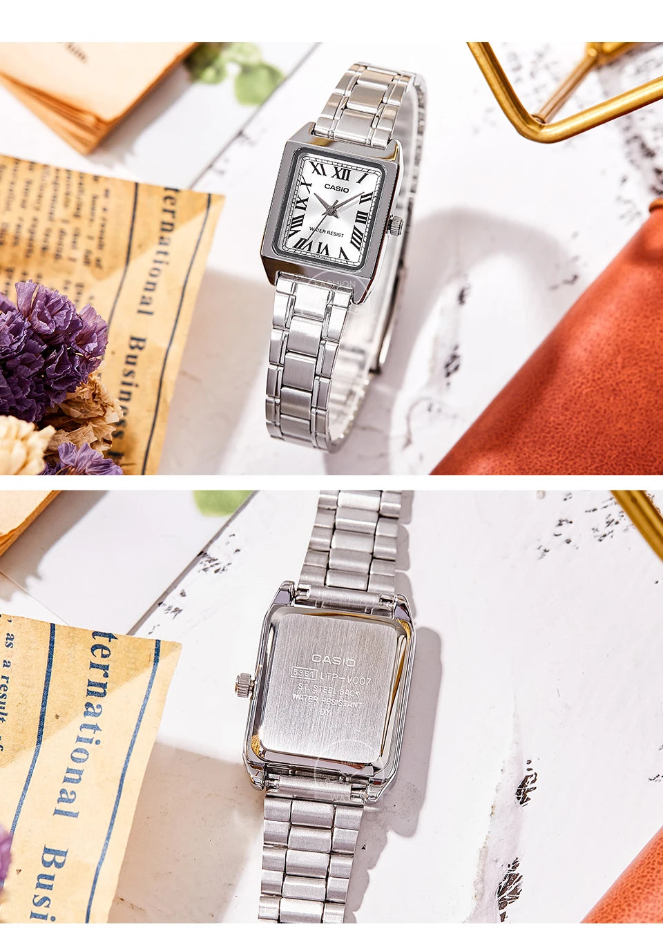 Relógio Casio retangular aço inoxidável prateado a prova de agua 30m e quartzo LTP - V007